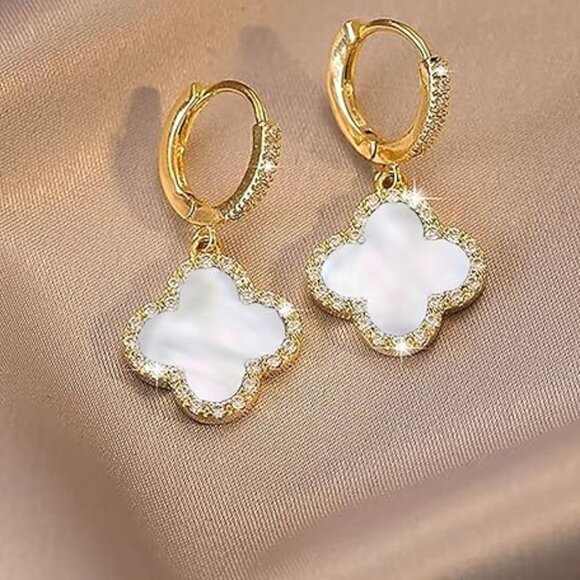 Neiman Marcus Mother of Pearl Clover Dangle Hoop Earring - Picture 2 of 3